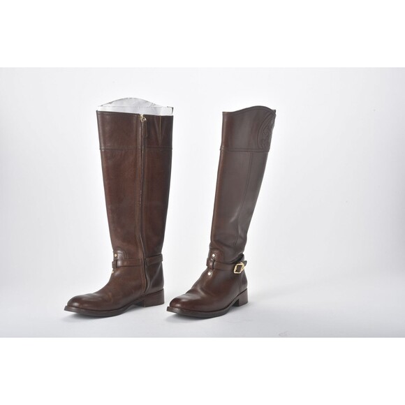 Tory Burch Marlene Embossed Logo Brown Leather Knee High Riding Boots Size 6M - Picture 3 of 6